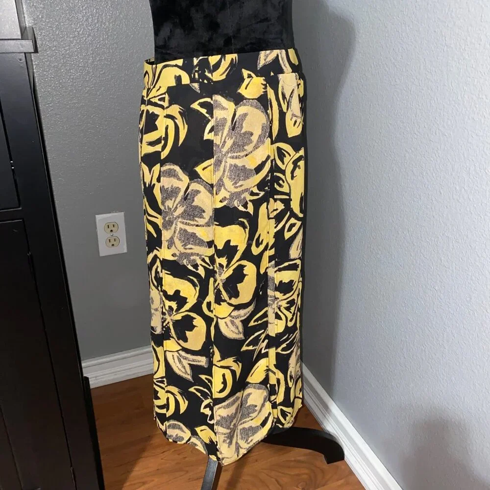 Who What Wear Womens Size 8 Yellow Black Floral Midi Skirt Tie Belt High Waist - Picture 7 of 8